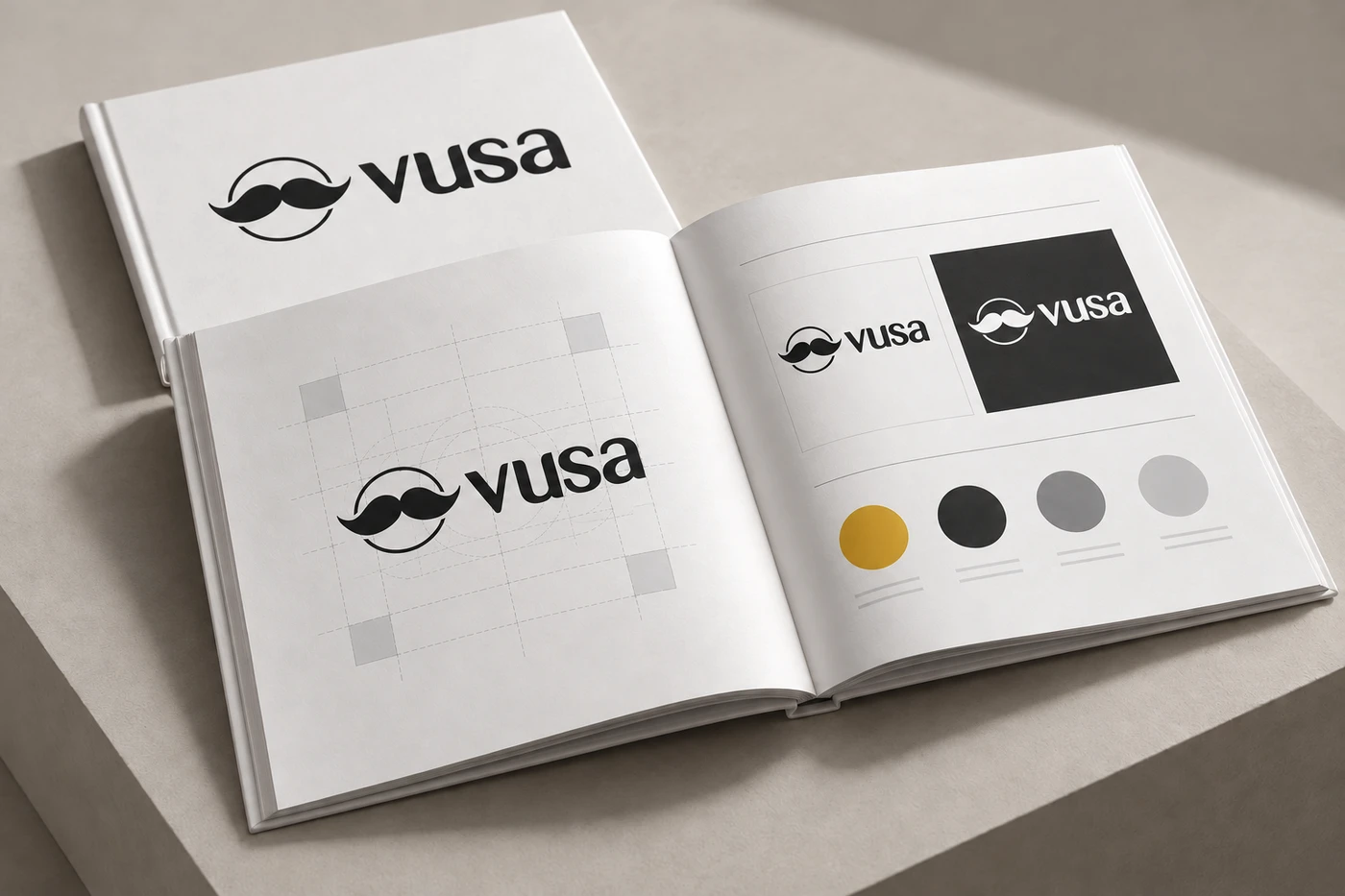 Mockup księgi znaku z czarnym i białym logo VUSA bez sloganu
