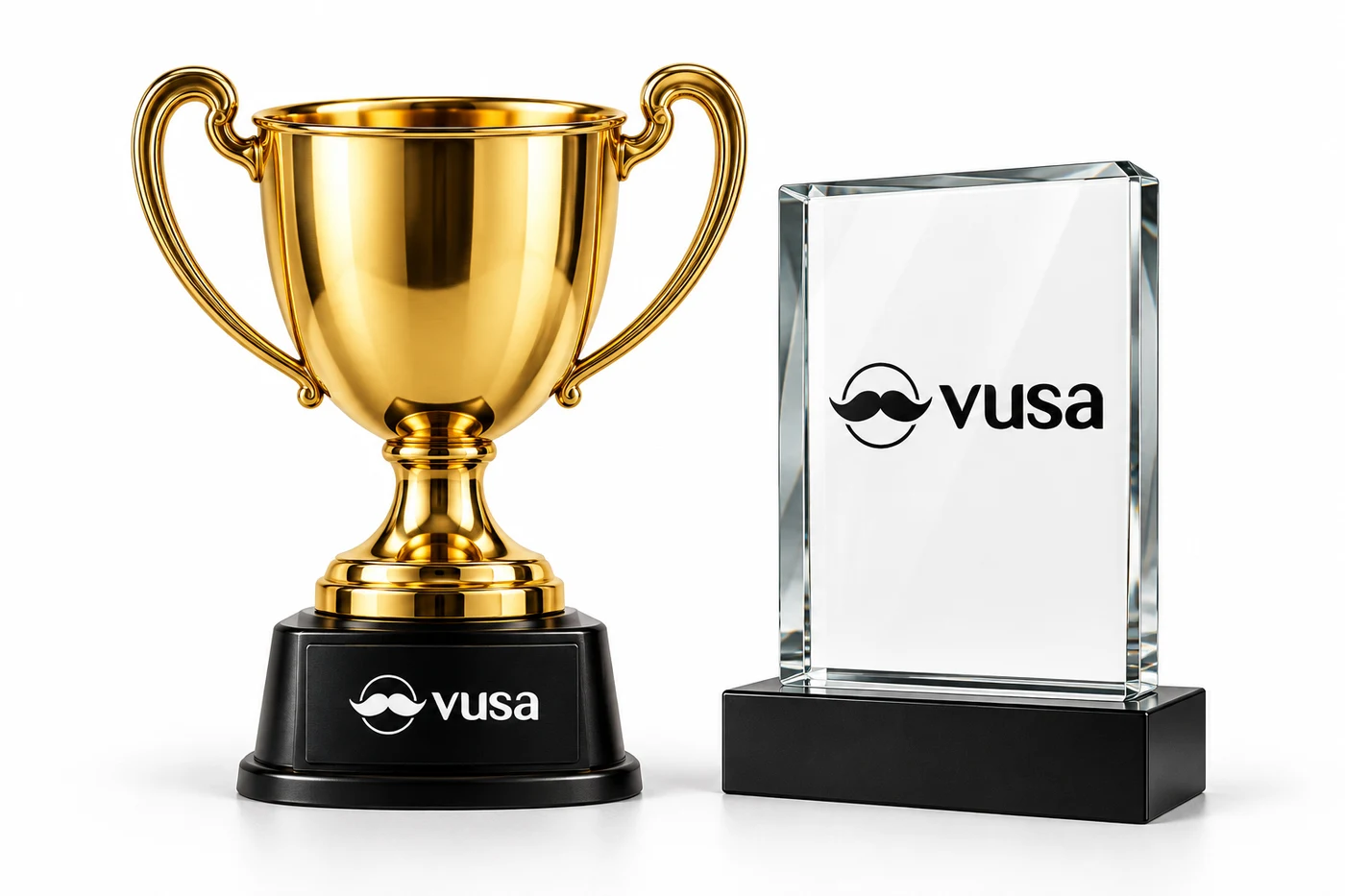 Puchary i trofea z logo VUSA bez sloganu — wizualizacja produktów