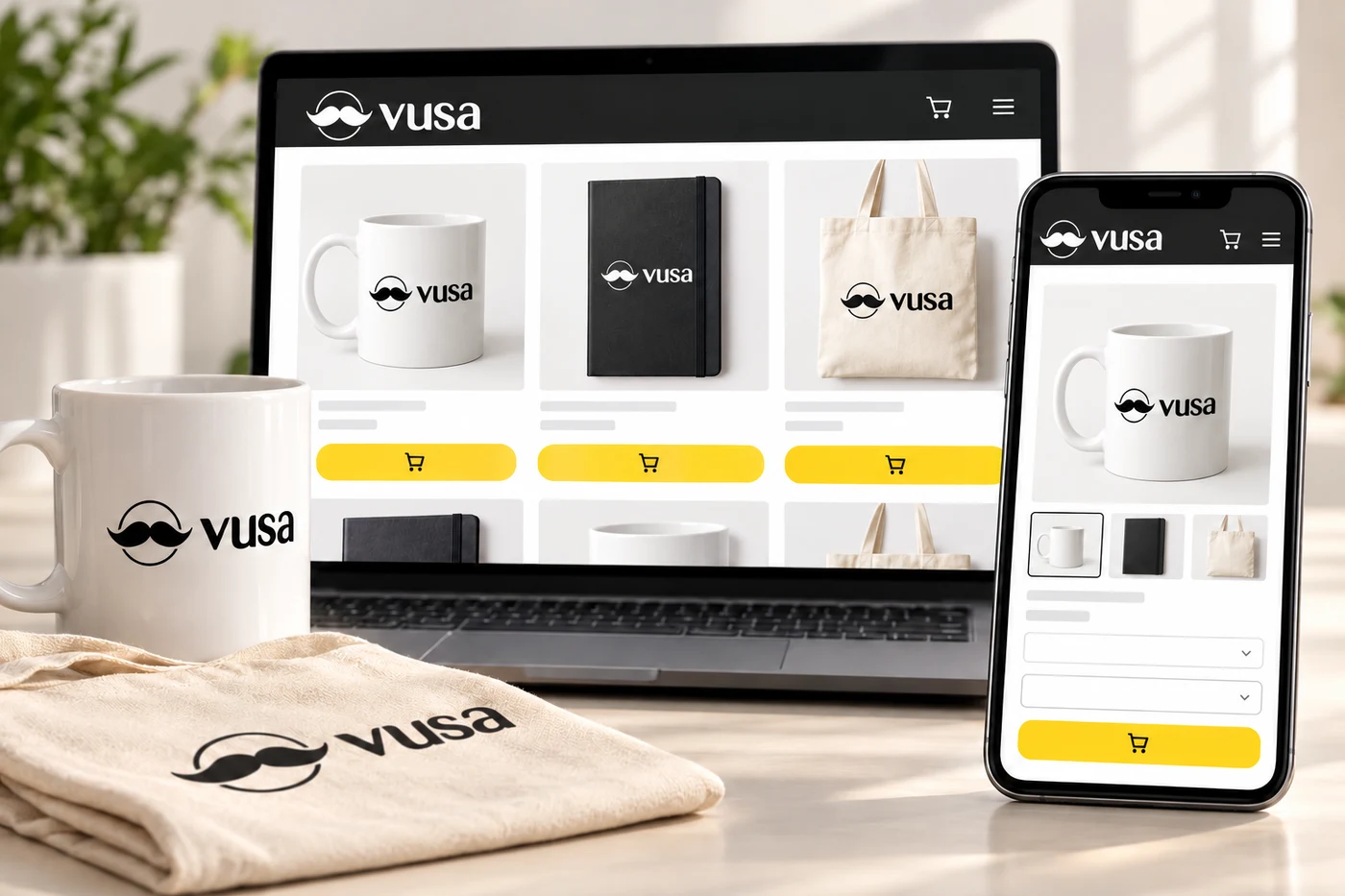 Wizualizacja sklepu VUSA na telefonie i laptopie z produktami